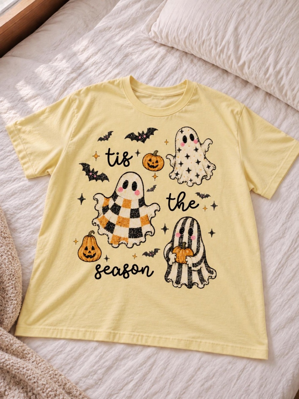 Tis The Season Ghost Shirt Vintage Halloween Yellow Haze Graphic Tee